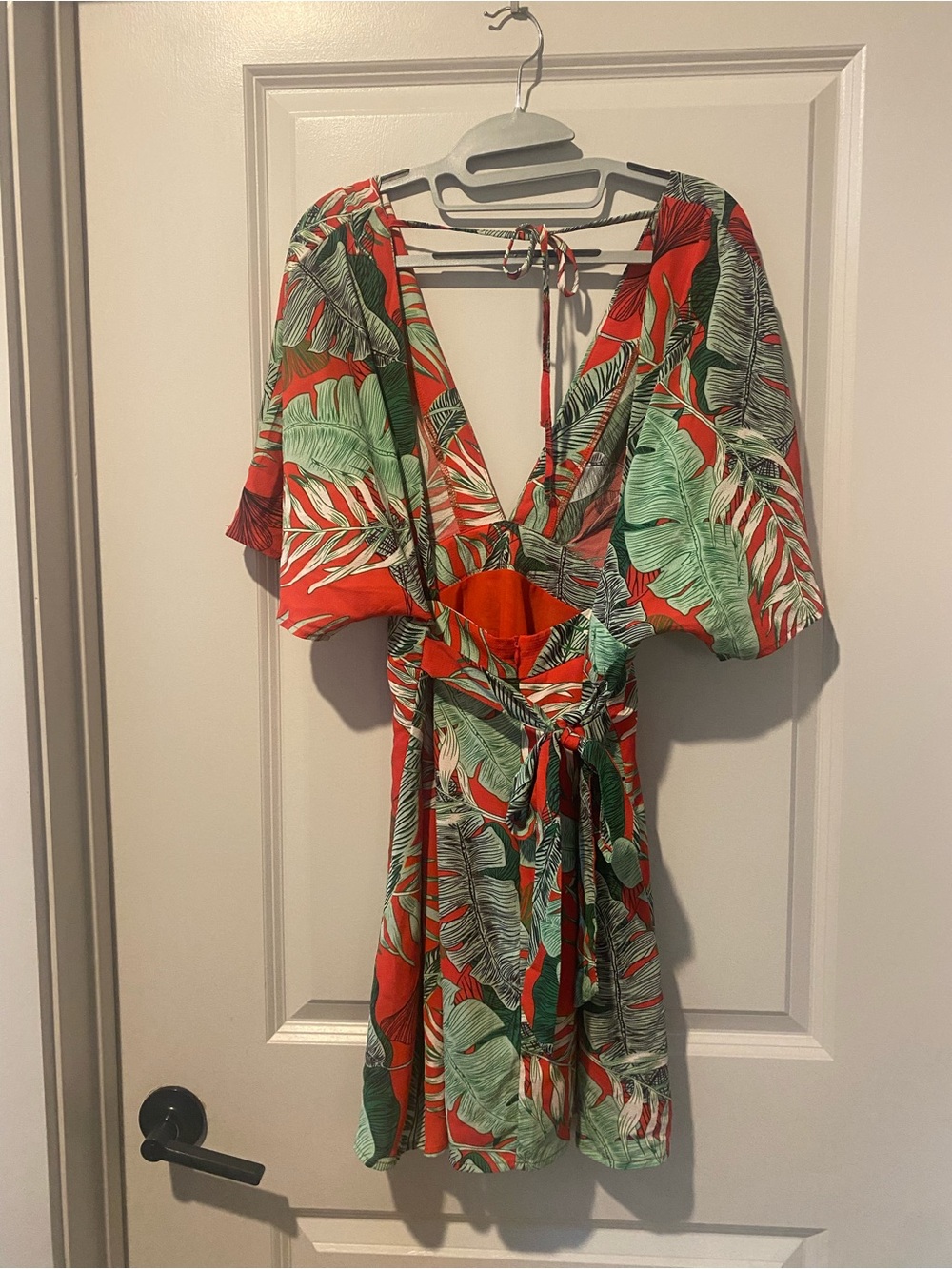 Tropical Red and Green Leaf Print Wrap Dress
